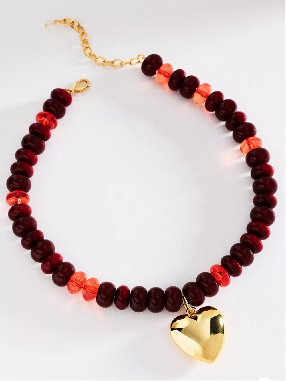Anthropologie 14k Gold-Plated Red Beaded Chunky Stone Heart Necklace